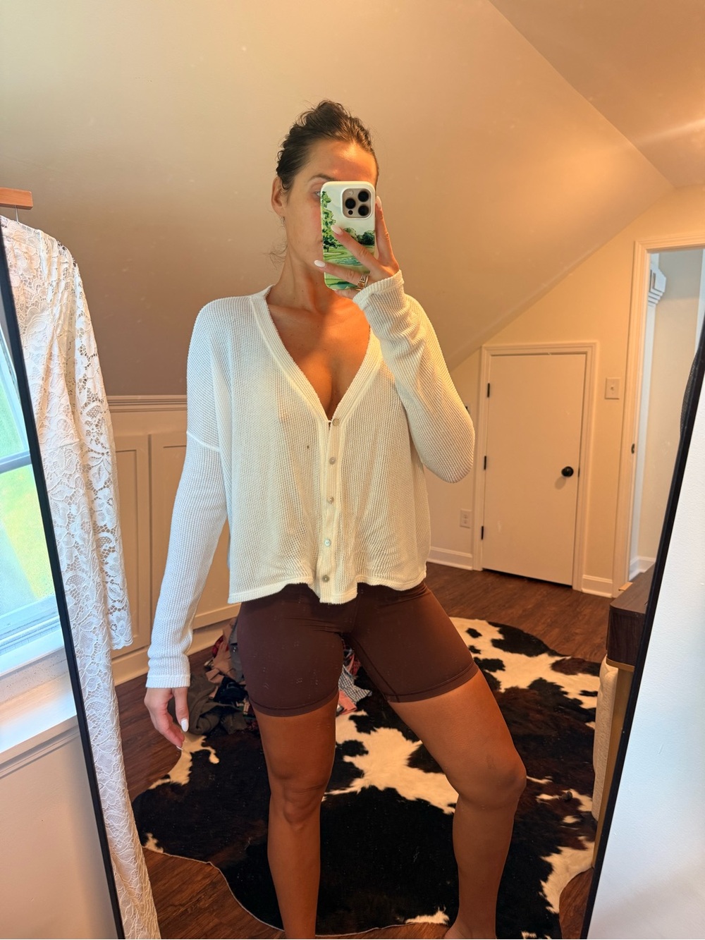 Urban Outfitters Cream Button-Front Waffle Knit Top